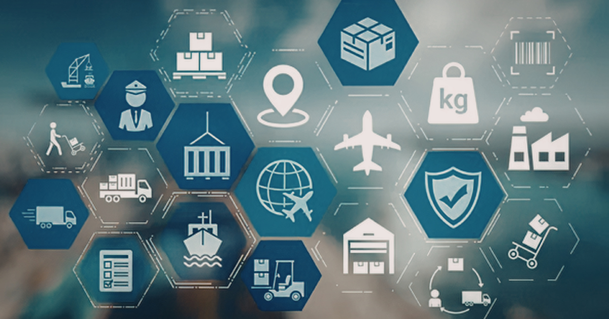 A collage of blue hexagons with white icons representing various logistics and supply chain concepts, including shipping, warehouses, trucks, airplanes, factories, security shields, barcodes, and checklists, set against a blurred background.