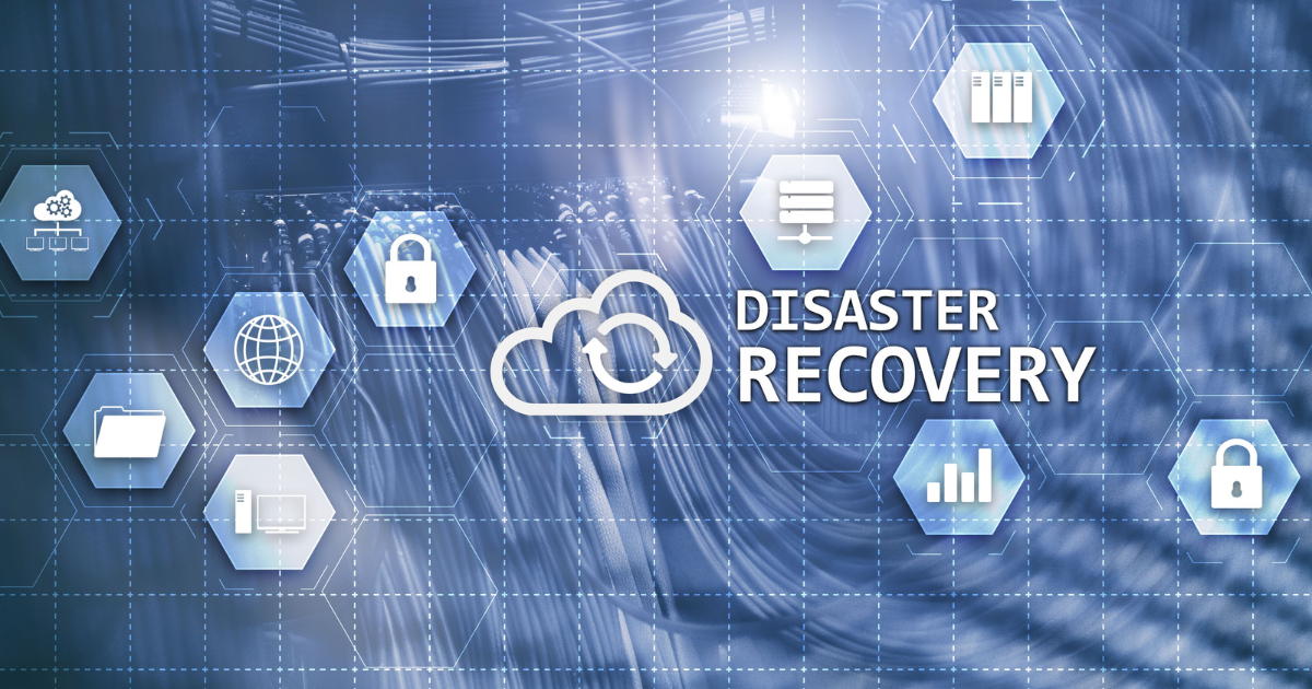 Disaster recovery concept illustration showing cloud backup, cybersecurity, and data protection icons over a blue server network background.