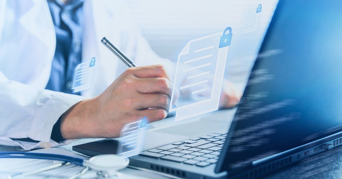 Doctors hand in front of computer overlayed with hologram documents and lock icons