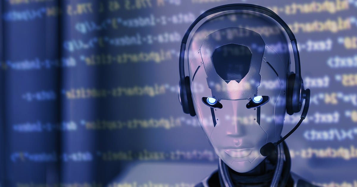 Image of a robot wearing a headset, overlayed with a projection of computer code