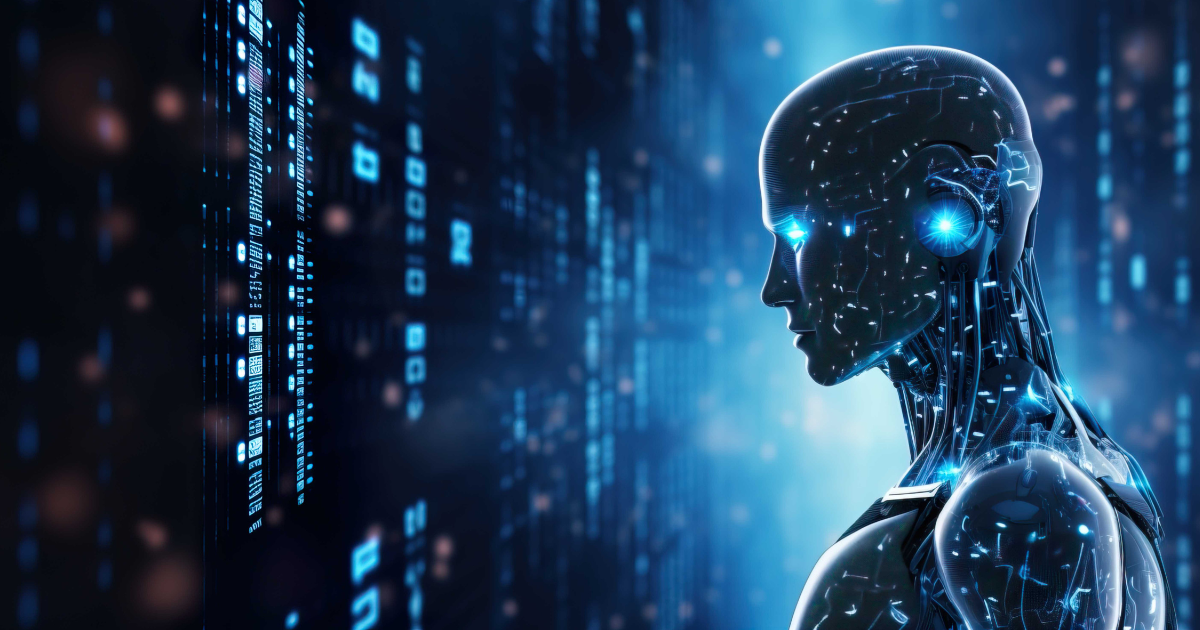 A stylized AI humanoid figure with a digital, metallic appearance, featuring blue and white tones on a dark background.